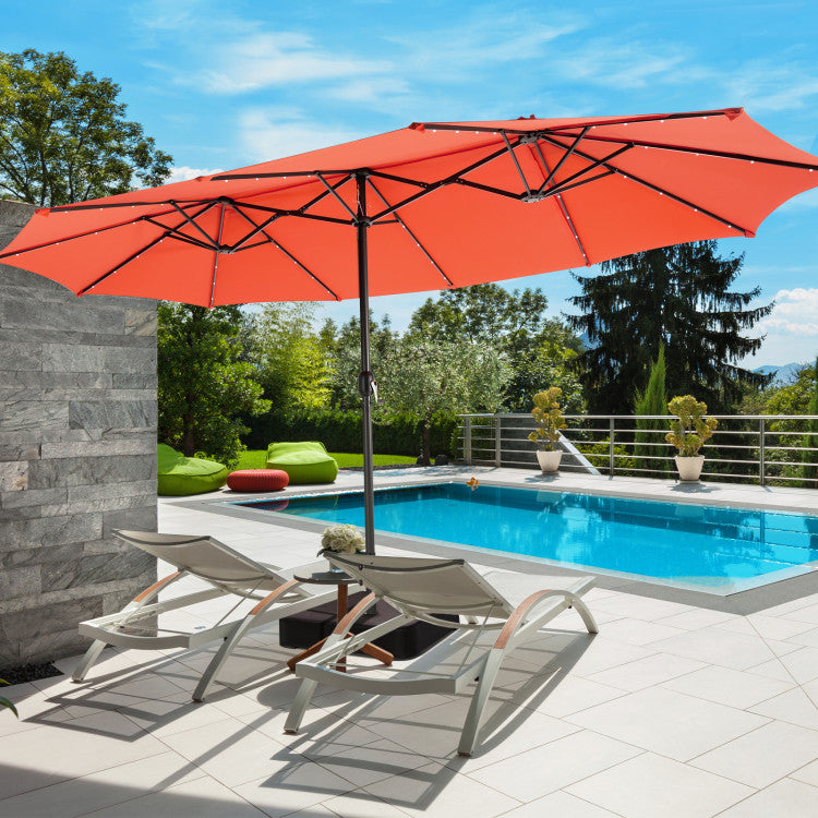 15 ft outdoor patio umbrella 15 ft Outdoor Double-Sided Patio Umbrella with 48 Solar LED Lights and Umbrella Base Wine