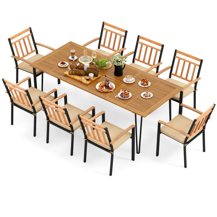 cheap patio furniture sets with umbrella 9 Pieces Patio Dining Outdoor Furniture Set with 8 Chairs and Umbrella Hole