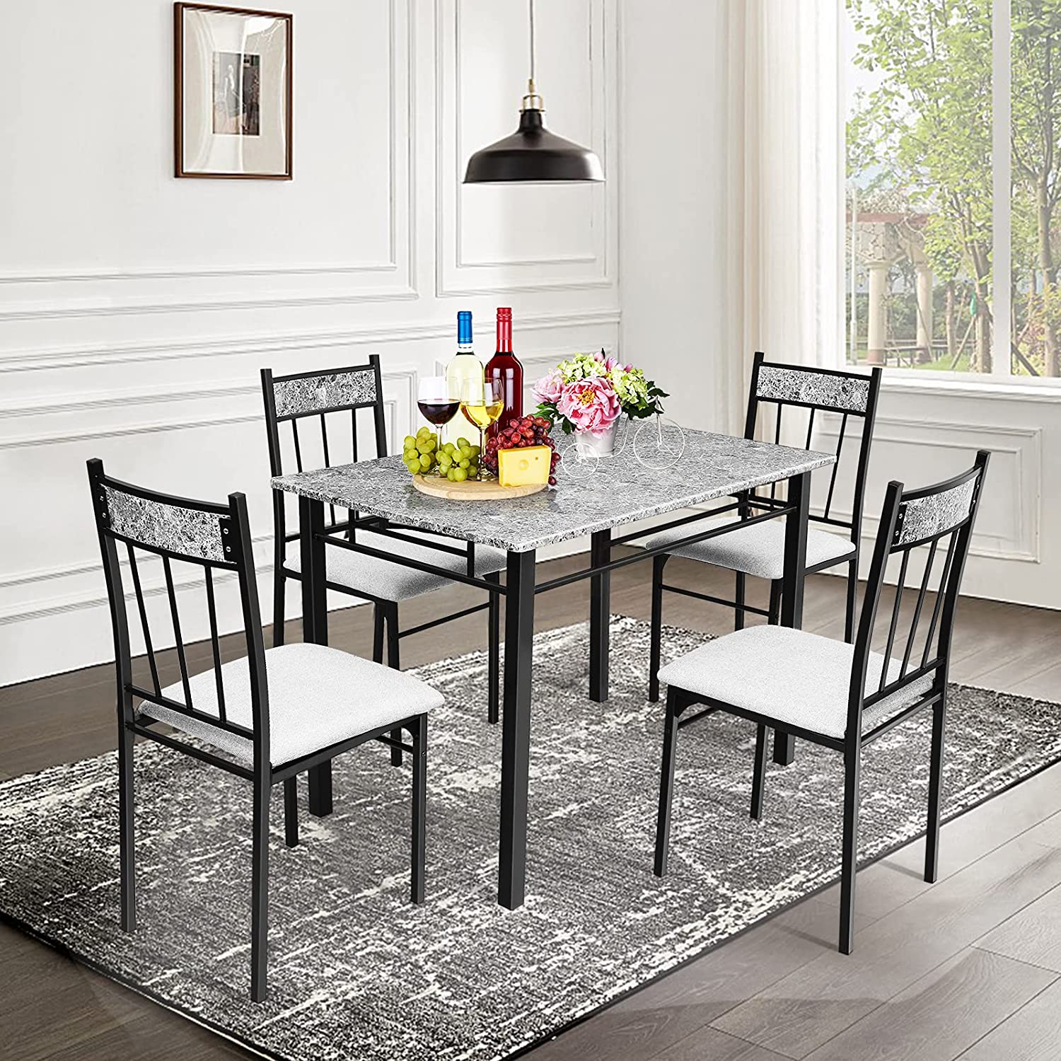 5 Piece Faux Marble Dining Table Set with Metal Frame and Padded Seat ...
