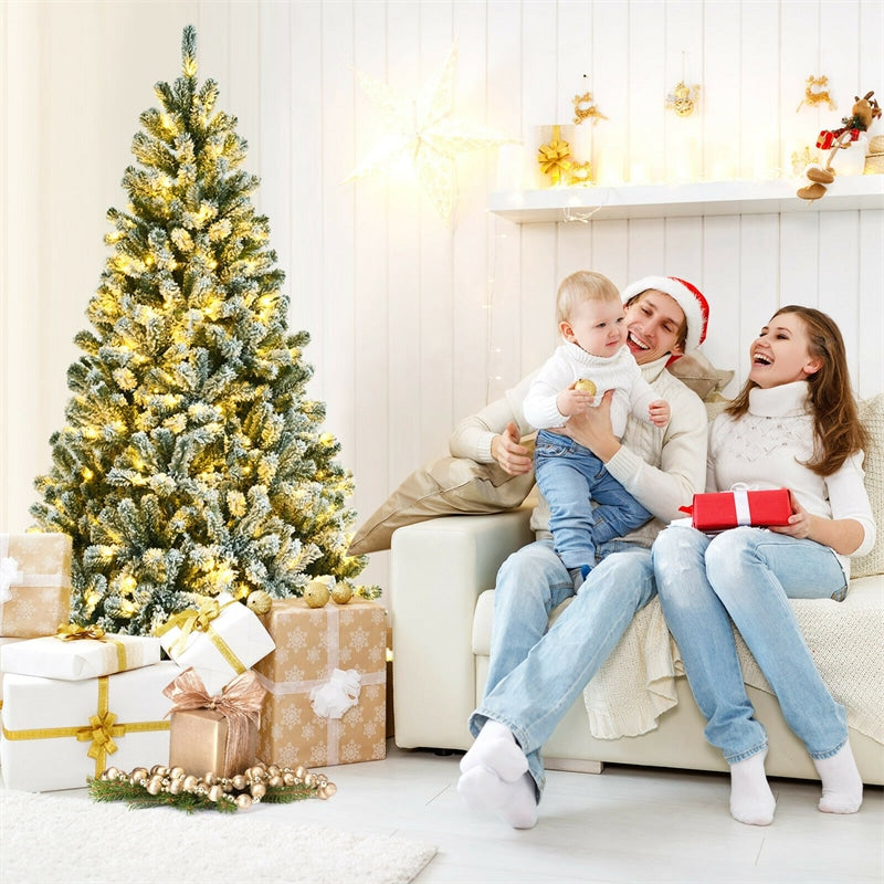 6FT Pre-Lit Snow-Flocked Hinged Christmas Tree with 928 Branch Tips ...