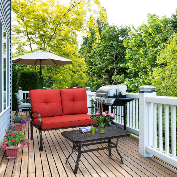 black patio set with a red umbrella 2 Pcs Patio Outdoor Cushioned Coffee Table Seat