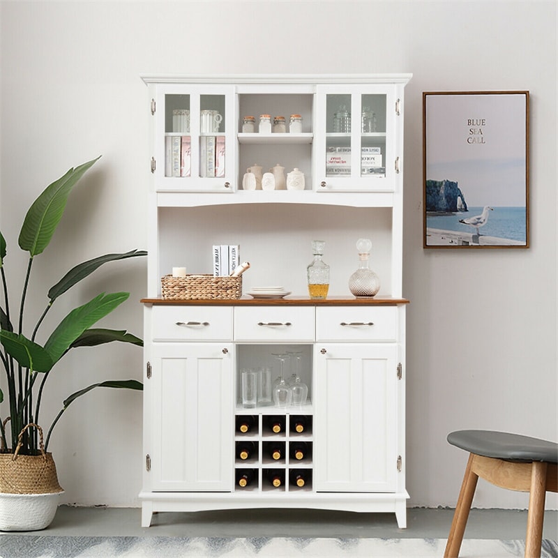 Kitchen Hutch Sideboard Wood Buffet Cabinet Kitchenware Server with Wine Bottle Modulars and 3 Large Drawers Black