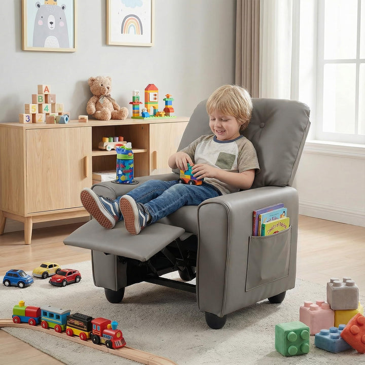 Kids Recliner, Toddler Lounge Chair with Adjustable Backrest Footrest Cup Holder Side Pockets