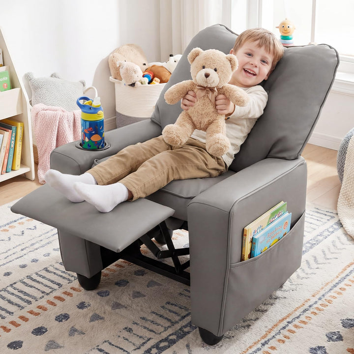 Kids Recliner, Toddler Lounge Chair with 105° to 150° Adjustable Backrest Footrest Cup Holder Side Pockets