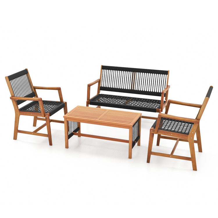 4 Pieces Outdoor Acacia Wood Furniture Set Patio Loveseat Conversation Set with Hand Woven Rope