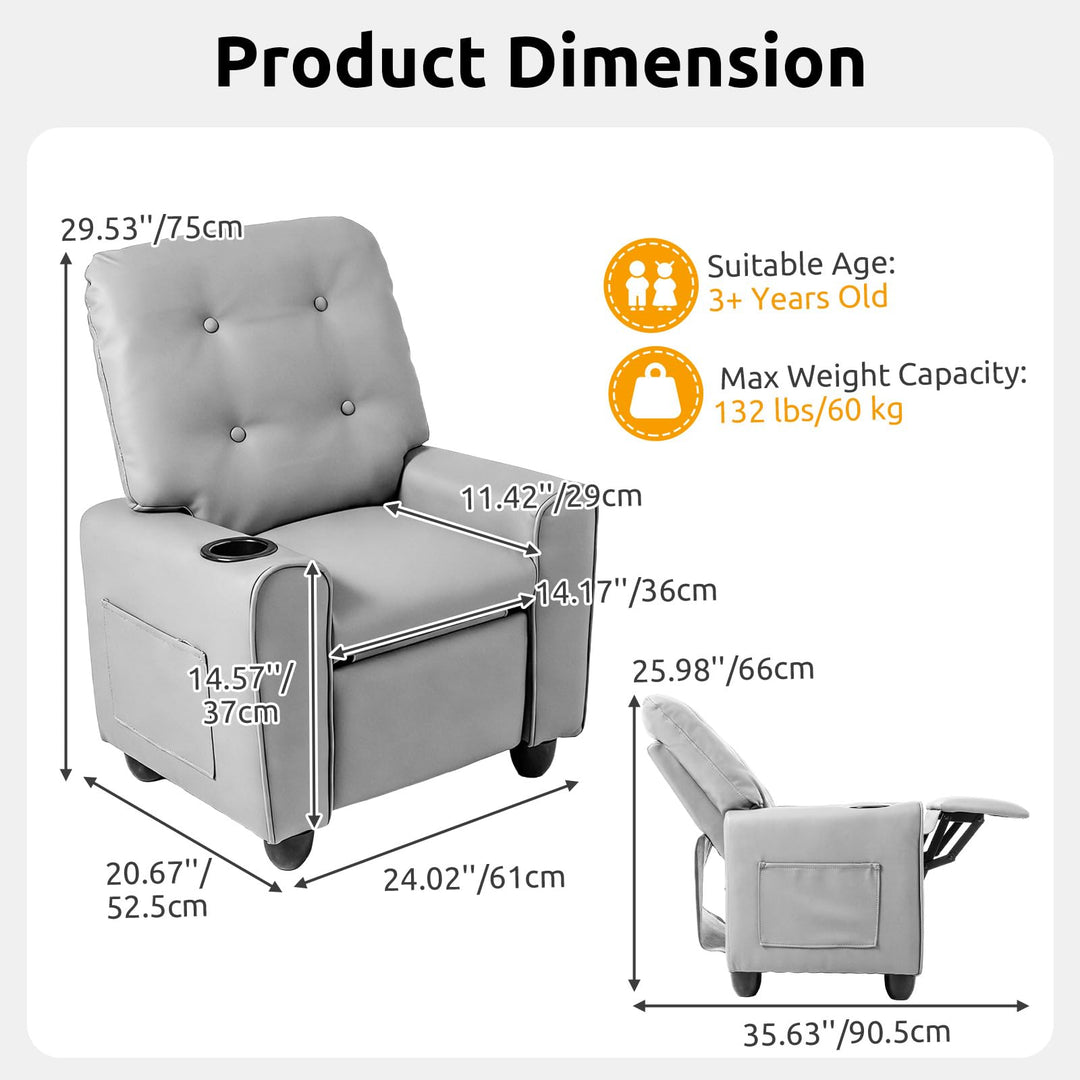Kids Recliner, Toddler Lounge Chair with Adjustable Backrest Footrest Cup Holder Side Pockets
