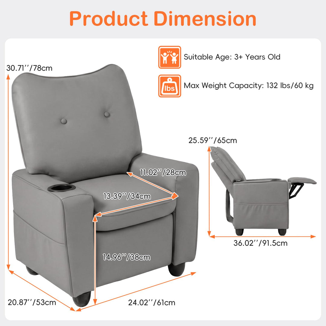 Kids Recliner, Toddler Lounge Chair with 105° to 150° Adjustable Backrest Footrest Cup Holder Side Pockets