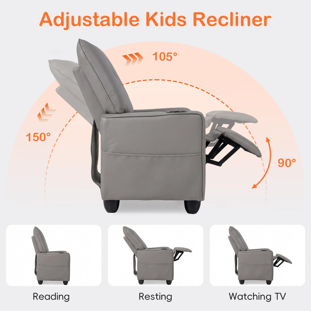 Kids Recliner, Toddler Lounge Chair with 105° to 150° Adjustable Backrest Footrest Cup Holder Side Pockets
