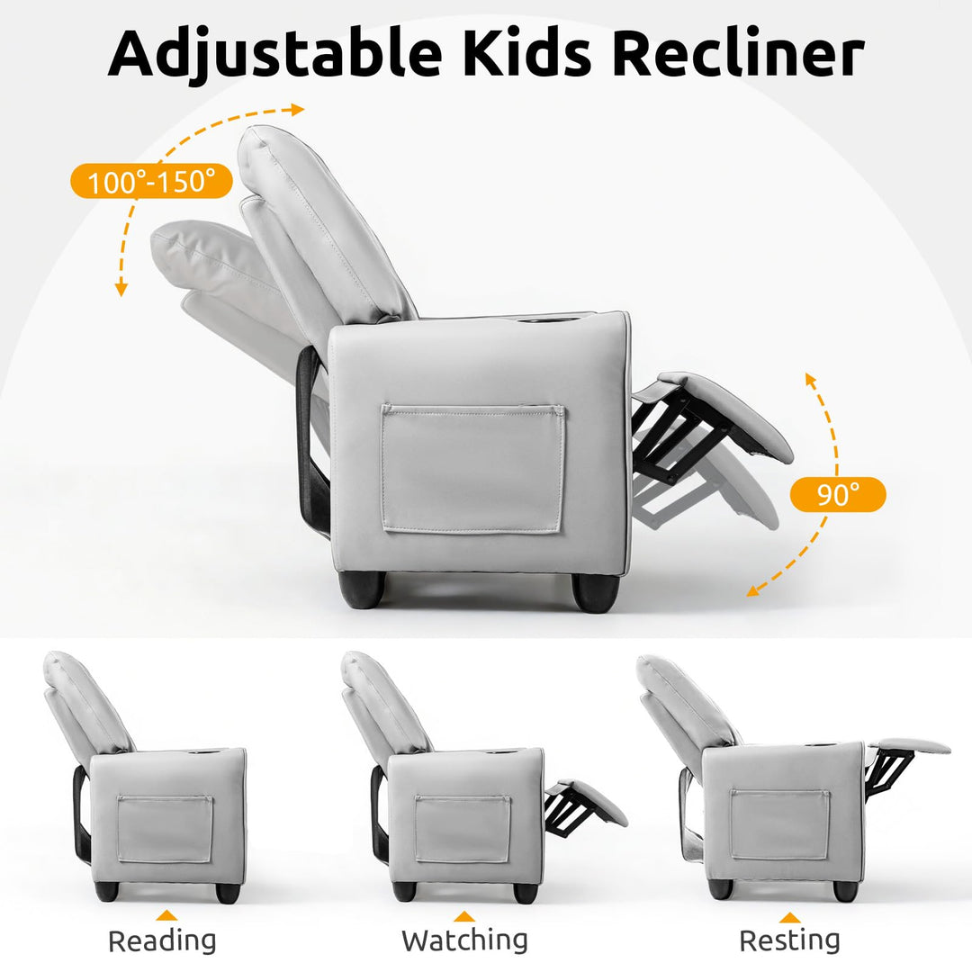 Kids Recliner, Toddler Lounge Chair with Adjustable Backrest Footrest Cup Holder Side Pockets