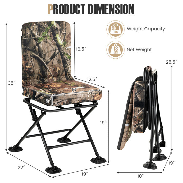 360° Swivel Hunting Chair Portable Folding Ground Blind Chair with Padded Cushion and Backrest