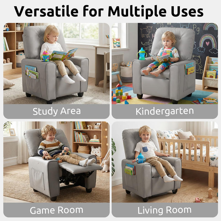 Kids Recliner, Toddler Lounge Chair with Adjustable Backrest Footrest Cup Holder Side Pockets