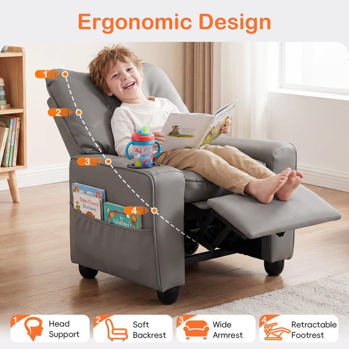 Kids Recliner, Toddler Lounge Chair with 105° to 150° Adjustable Backrest Footrest Cup Holder Side Pockets