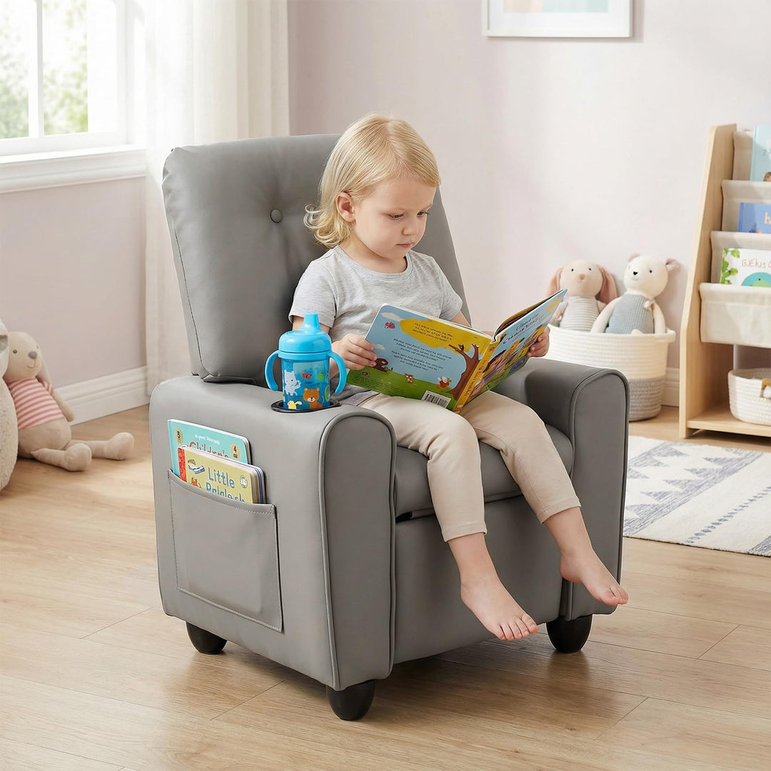 Kids Recliner, Toddler Lounge Chair with Adjustable Backrest Footrest Cup Holder Side Pockets