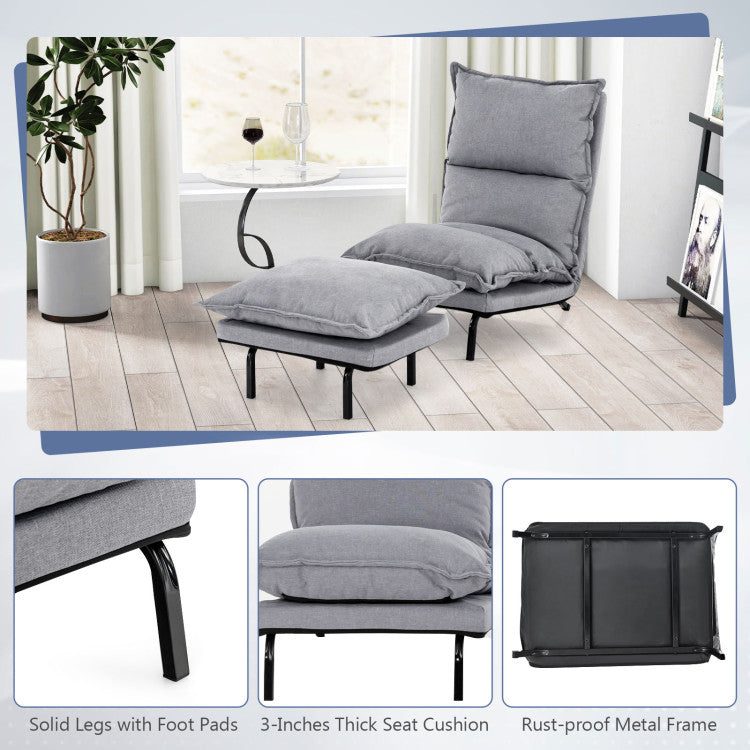 Modern Armless Accent Chair Adjustable Lazy Sofa with Removable Padded Cushions and Ottoman