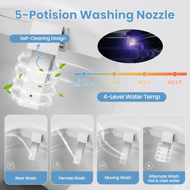 1.28 GPF Elongated Bidet Toilet with Adjustable Heated Seat & Dryer, Tankless Smart Toilet with Remote/Side Knob Control and Foot Sensor