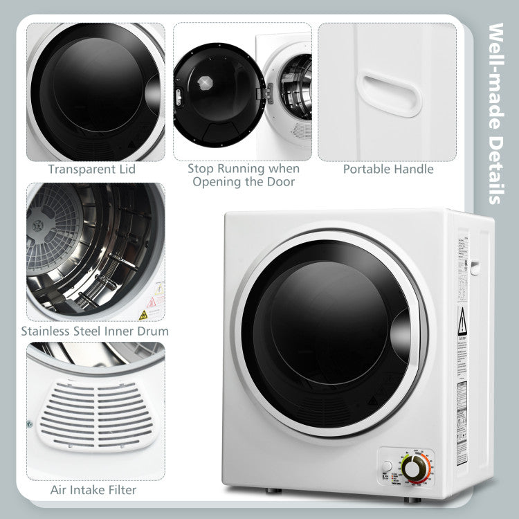 1.5 Cu .ft Portable Clothes Dryer Electric Compact Laundry Dryer with Automatic Drying Modes and Stainless Steel Tub