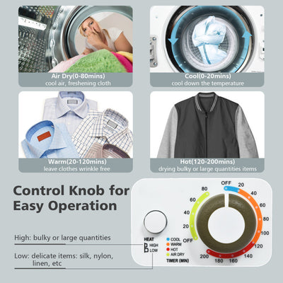 1.5 Cu .ft Portable Clothes Dryer Electric Compact Laundry Dryer with Automatic Drying Modes and Stainless Steel Tub
