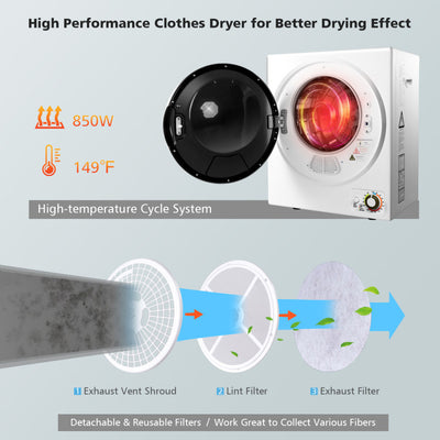 1.5 Cu .ft Portable Clothes Dryer Electric Compact Laundry Dryer with Automatic Drying Modes and Stainless Steel Tub