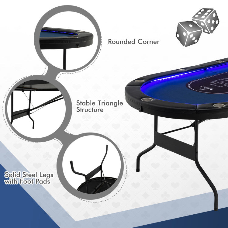 10 Player Foldable Poker Table 84" Portable Casino Leisure Texas Holdem Game Table with Cup Holders and USB Ports for Blackjack Board