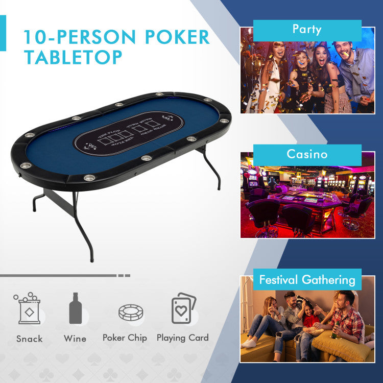 10 Player Foldable Poker Table 84" Portable Casino Leisure Texas Holdem Game Table with Cup Holders and USB Ports for Blackjack Board
