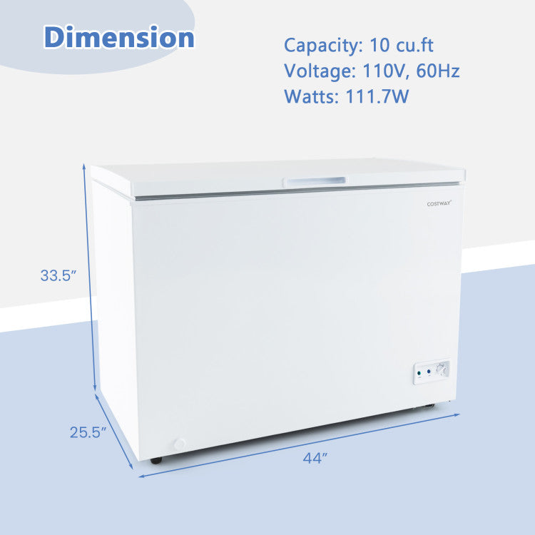 10 Cu.Ft. Chest Freezer Compact Deep Fridge Freestanding Top Open Door Refrigerator with Removable Basket and Adjustable Temperature