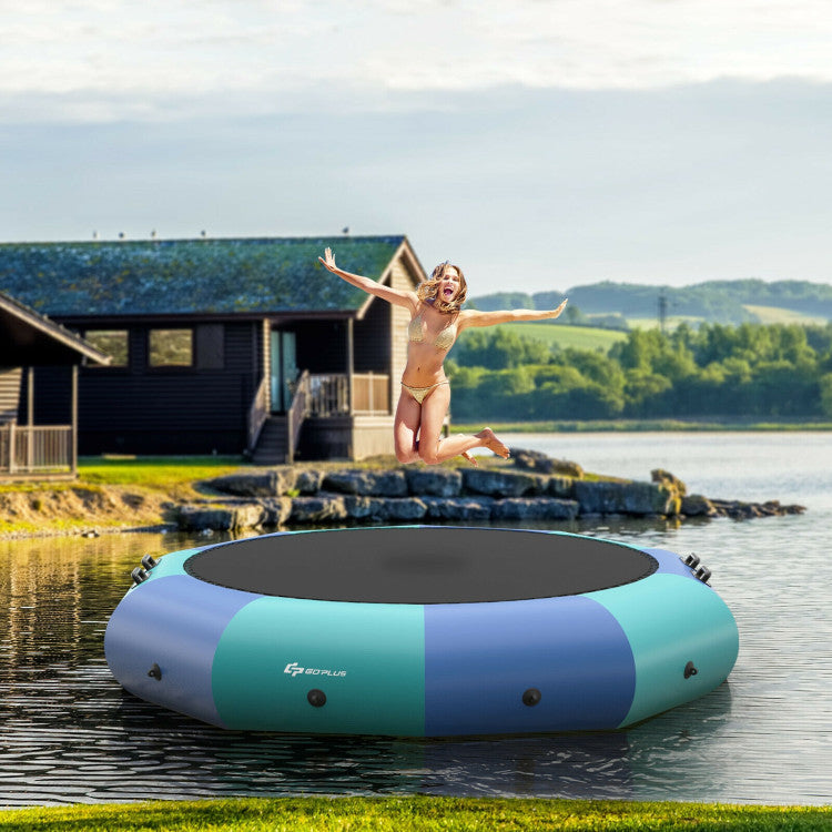 10FT Portable Inflatable Water Floating Trampoline Outdoor Recreational Water Bouncer with Electric Inflator and Rope Ladder