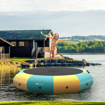 10FT Portable Inflatable Water Floating Trampoline Outdoor Recreational Water Bouncer with Electric Inflator and Rope Ladder