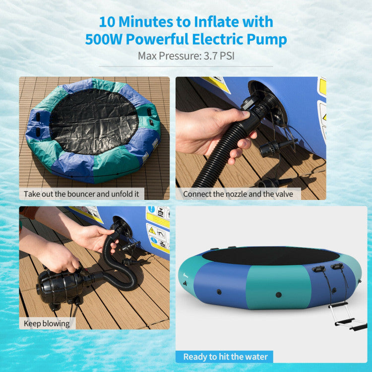 10FT Portable Inflatable Water Floating Trampoline Outdoor Recreational Water Bouncer with Electric Inflator and Rope Ladder