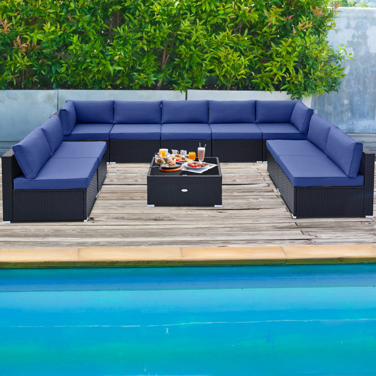 10 Piece Patio Rattan Furniture Set Outdoor Wicker Conversation Sectional Sofa Set with Coffee Table and Cushions