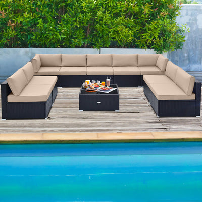 10 Piece Patio Rattan Furniture Set Outdoor Wicker Conversation Sectional Sofa Set with Coffee Table and Cushions