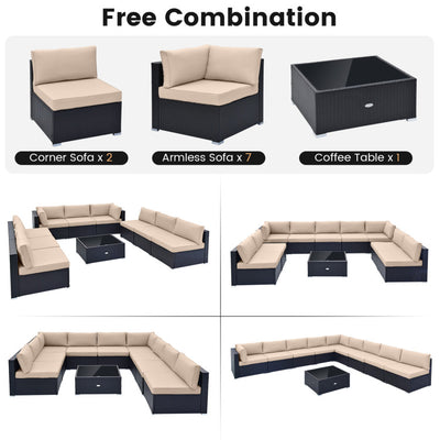 10 Piece Patio Rattan Furniture Set Outdoor Wicker Conversation Sectional Sofa Set with Coffee Table and Cushions