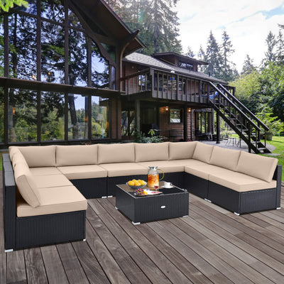 10 Piece Patio Rattan Furniture Set Outdoor Wicker Conversation Sectional Sofa Set with Coffee Table and Cushions