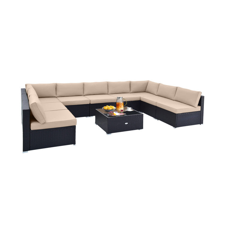 10 Piece Patio Rattan Furniture Set Outdoor Wicker Conversation Sectional Sofa Set with Coffee Table and Cushions