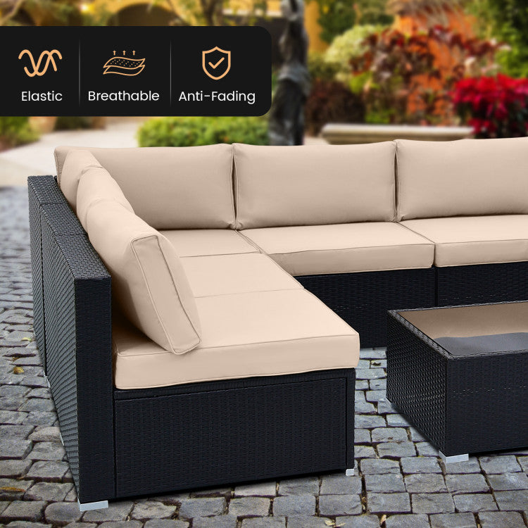 10 Piece Patio Rattan Furniture Set Outdoor Wicker Conversation Sectional Sofa Set with Coffee Table and Cushions