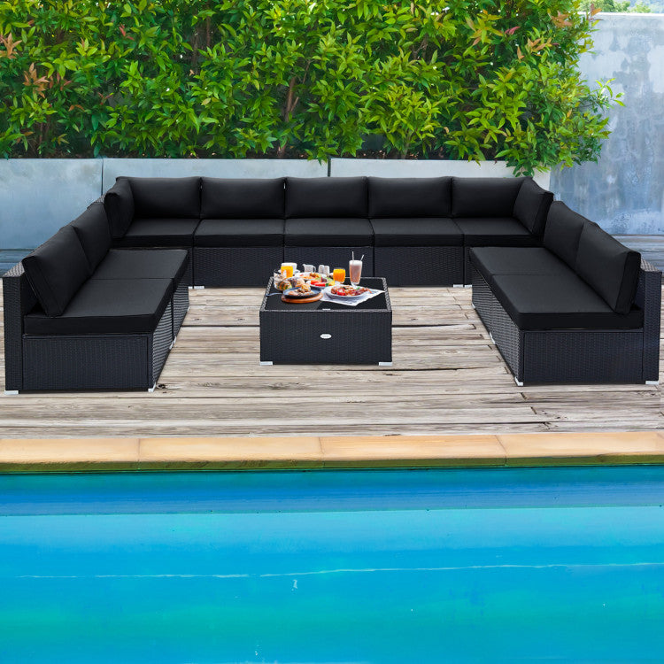 10 Piece Patio Rattan Furniture Set Outdoor Wicker Conversation Sectional Sofa Set with Coffee Table and Cushions