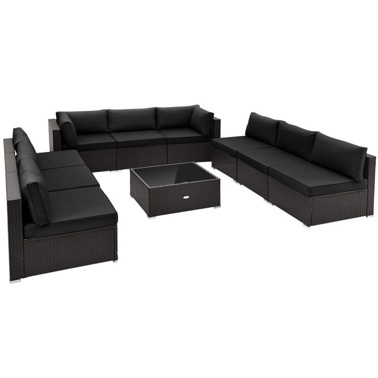 10 Piece Patio Rattan Furniture Set Outdoor Wicker Conversation Sectional Sofa Set with Coffee Table and Cushions