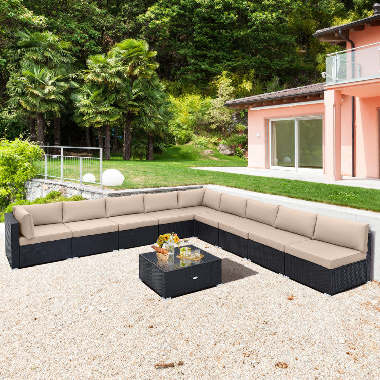 10 Piece Patio Rattan Furniture Set Outdoor Wicker Conversation Sectional Sofa Set with Coffee Table and Cushions