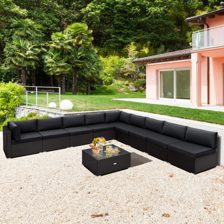 10 Piece Patio Rattan Furniture Set Outdoor Wicker Conversation Sectional Sofa Set with Coffee Table and Cushions