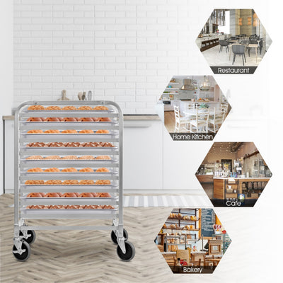 10 Tier Aluminum Rolling Bakery Rack Commercial Kitchen Bun Pan Sheet Trolley Storage Cooling Racks with Lockable Casters