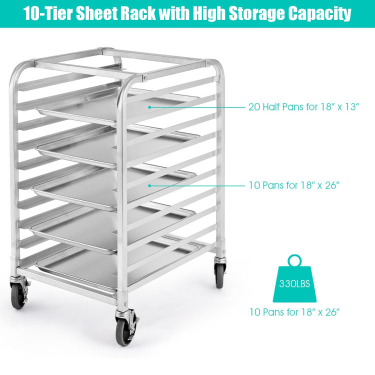 10 Tier Aluminum Rolling Bakery Rack Commercial Kitchen Bun Pan Sheet Trolley Storage Cooling Racks with Lockable Casters