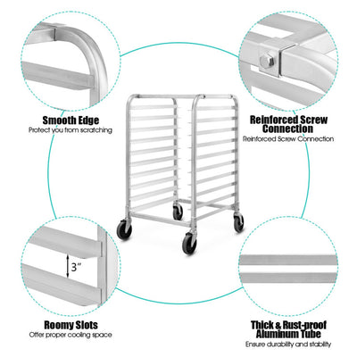 10 Tier Aluminum Rolling Bakery Rack Commercial Kitchen Bun Pan Sheet Trolley Storage Cooling Racks with Lockable Casters