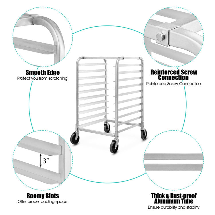 10 Tier Aluminum Rolling Bakery Rack Commercial Kitchen Bun Pan Sheet Trolley Storage Cooling Racks with Lockable Casters