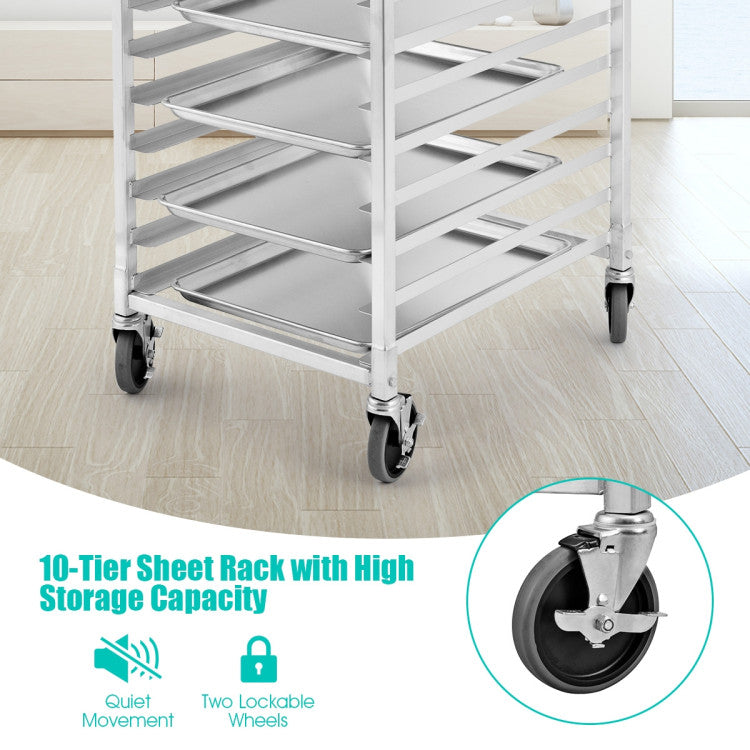 10 Tier Aluminum Rolling Bakery Rack Commercial Kitchen Bun Pan Sheet Trolley Storage Cooling Racks with Lockable Casters