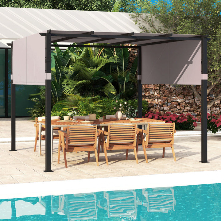 10 x 10 FT Outdoor Heavy Duty Flat Top Gazebo Pergola Patio Metal Shelter Pavilion with Retractable Canopy