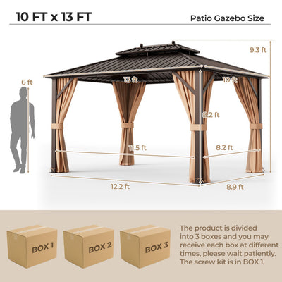10 x 13 Feet Hardtop Gazebo Double-Roof Pergolas Patio Metal Pavilion with Netting and Curtains