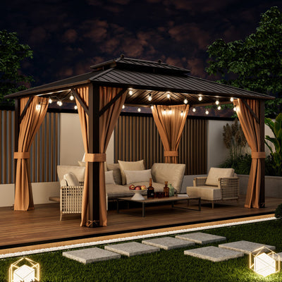 10 x 13 Feet Hardtop Gazebo Double-Roof Pergolas Patio Metal Pavilion with Netting and Curtains