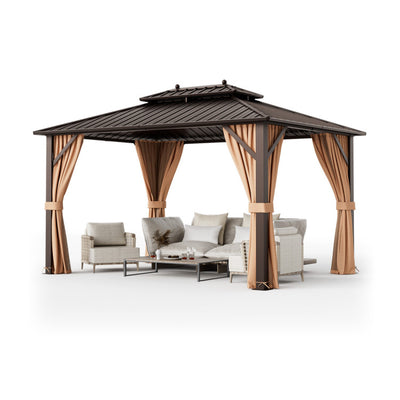 10 x 13 Feet Hardtop Gazebo Double-Roof Pergolas Patio Metal Pavilion with Netting and Curtains