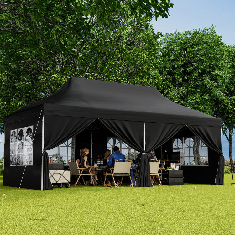 pop up party tent 10 x 20 ft Pop up Canopy with 6 Sidewalls and Windows and Carrying Bag for Party Wedding Picnic-Black