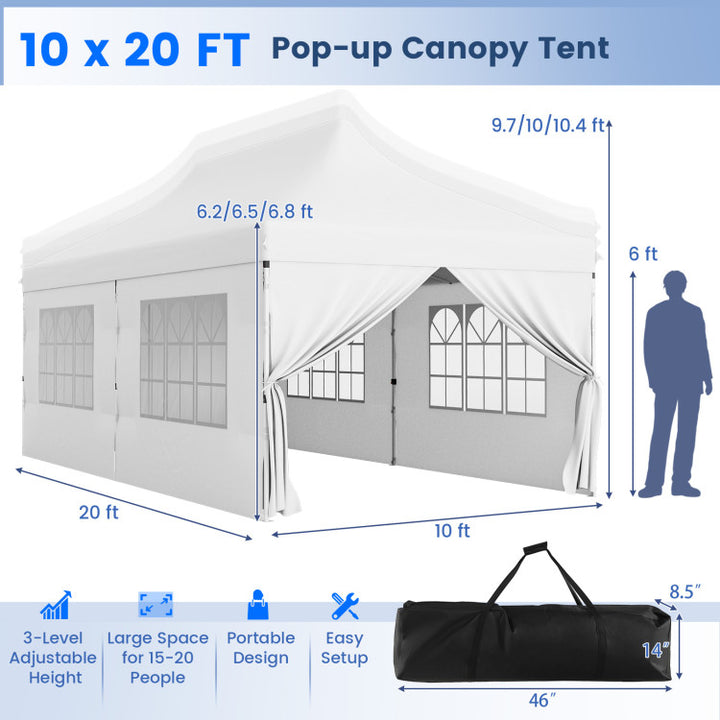 10 x 20 FT Outdoor Pop-Up Canopy Portable Heavy-Duty Gazebo Tent with 6 Removable Sidewalls and Carrying Bag for 15-20 People