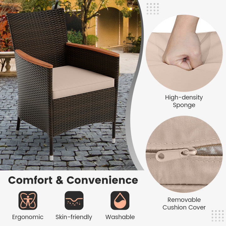 11 Pieces Patio Rattan Dining Table Set Outdoor Acacia Wood Furniture Set with Umbrella and Cushions